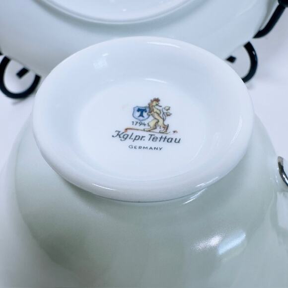 Royal Tettau South Wind Grey Green 4 Cups & Saucers Set Border Swirled w/ Trim - Picture 8 of 16